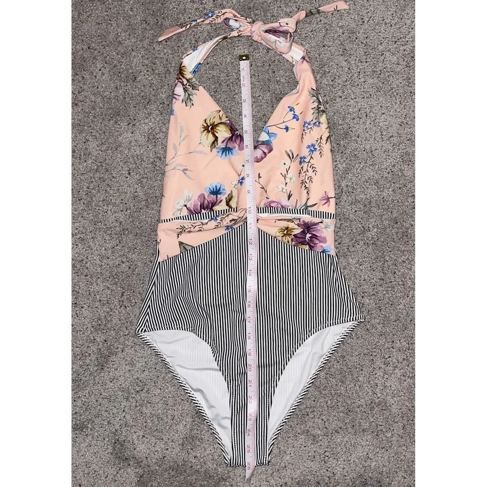 NWOT Cupshe Halter Swimsuit Swim Floral Stripes High Cut Pink Blank Deep V